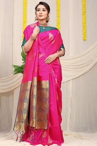 Rani pink silk blend saree with rich zari paisley weaving & teal contrast border