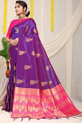 Purple silk blend saree with rich zari paisley weaving & magenta pink contrast border 1