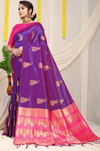 Purple silk blend saree with rich zari paisley weaving & magenta pink contrast border