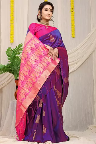 Purple silk blend saree with rich zari paisley weaving & magenta pink contrast border