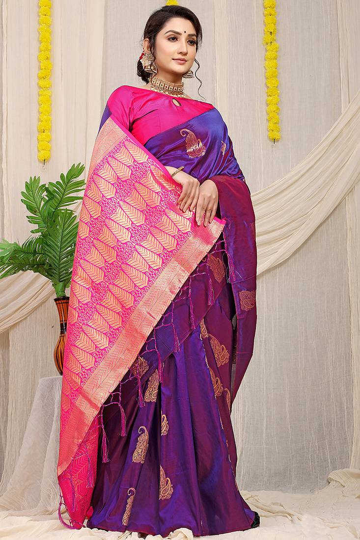 Purple silk blend saree with rich zari paisley weaving & magenta pink contrast border