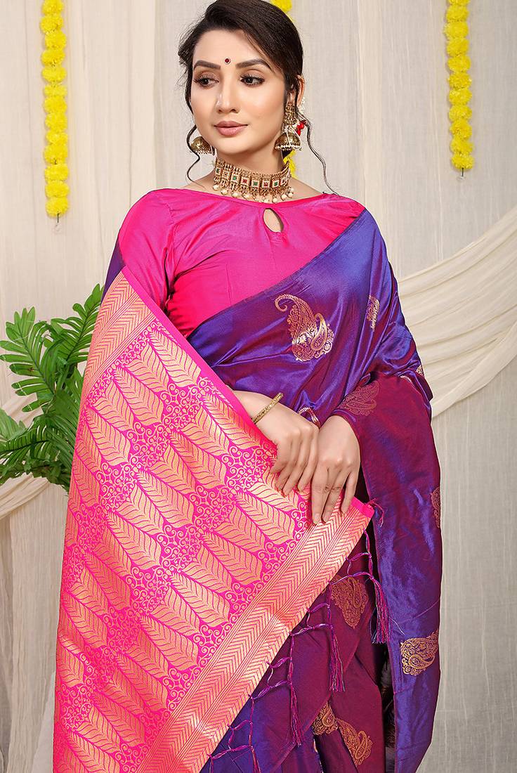 Purple silk blend saree with rich zari paisley weaving & magenta pink contrast border