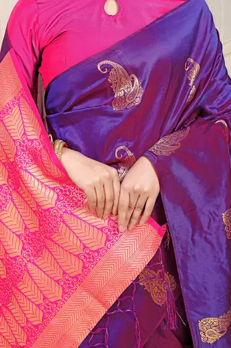 Purple silk blend saree with rich zari paisley weaving & magenta pink contrast border