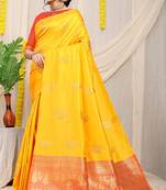 Yellow silk blend saree with rich zari paisley weaving & red contrast border