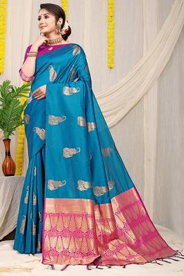 Teal blue silk blend saree with rich zari paisley weaving & magenta pink contrast border 1
