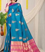 Teal blue silk blend saree with rich zari paisley weaving & magenta pink contrast border
