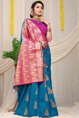 Teal blue silk blend saree with rich zari paisley weaving & magenta pink contrast border 2