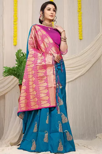 Teal blue silk blend saree with rich zari paisley weaving & magenta pink contrast border
