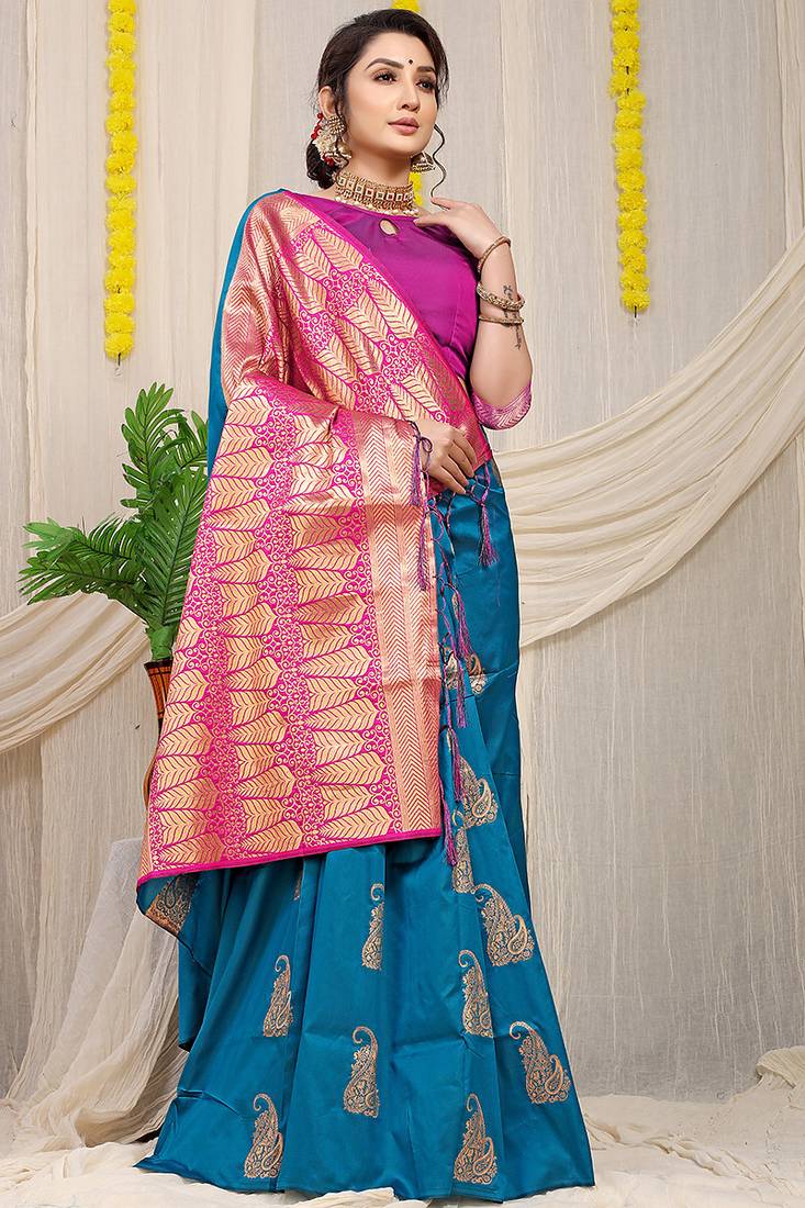 Teal blue silk blend saree with rich zari paisley weaving & magenta pink contrast border