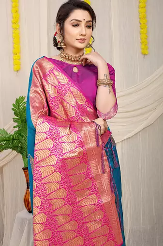 Teal blue silk blend saree with rich zari paisley weaving & magenta pink contrast border