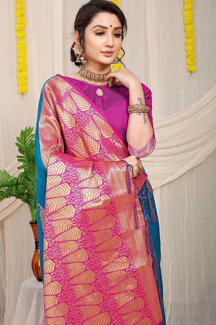 Teal blue silk blend saree with rich zari paisley weaving & magenta pink contrast border