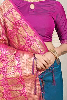 Teal blue silk blend saree with rich zari paisley weaving & magenta pink contrast border 4