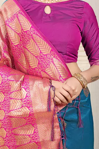 Teal blue silk blend saree with rich zari paisley weaving & magenta pink contrast border