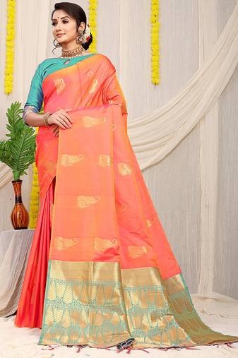 Peach silk blend saree with rich zari paisley weaving & turquoise contrast border