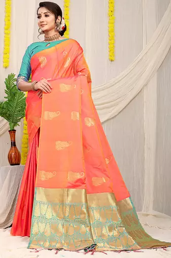 Peach silk blend saree with rich zari paisley weaving & turquoise contrast border