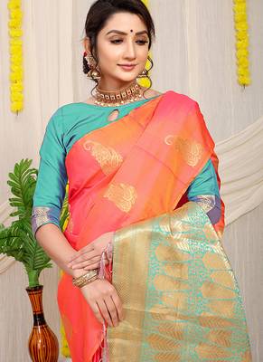 Peach silk blend saree with rich zari paisley weaving & turquoise contrast border 3