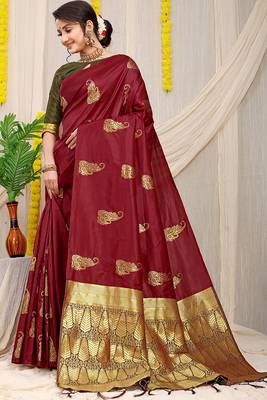 Maroon silk blend saree with rich zari paisley weaving & olive green contrast border 1
