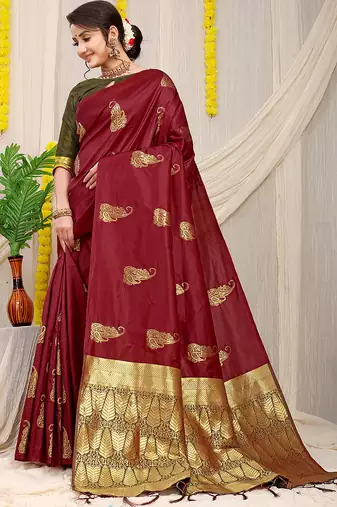 Maroon silk blend saree with rich zari paisley weaving & olive green contrast border