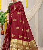 Maroon silk blend saree with rich zari paisley weaving & olive green contrast border