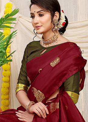 Maroon silk blend saree with rich zari paisley weaving & olive green contrast border 2