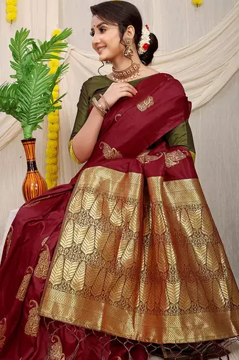 Maroon silk blend saree with rich zari paisley weaving & olive green contrast border