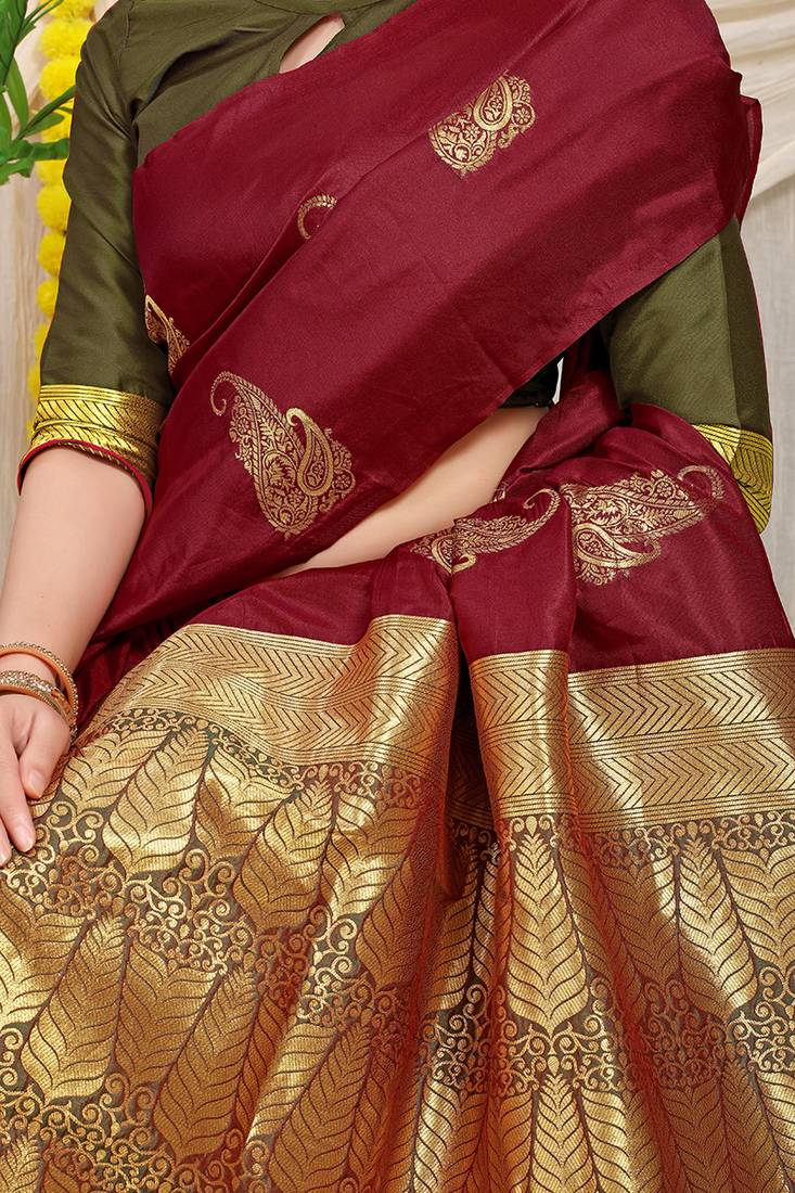 Maroon silk blend saree with rich zari paisley weaving & olive green contrast border