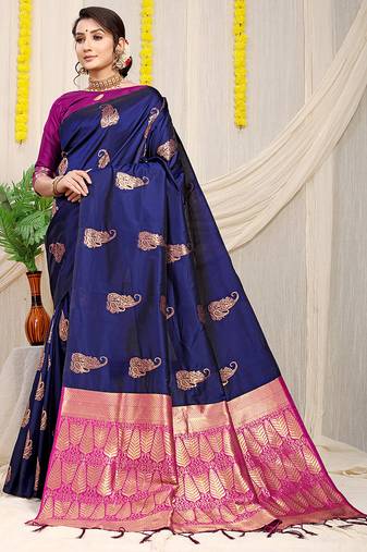 Navy blue silk blend saree with rich zari paisley weaving & magenta pink contrast border