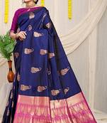 Navy blue silk blend saree with rich zari paisley weaving & magenta pink contrast border