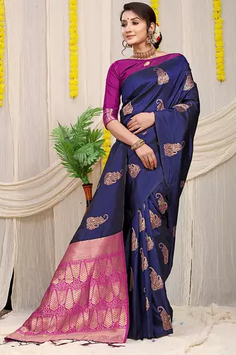 Navy blue silk blend saree with rich zari paisley weaving & magenta pink contrast border