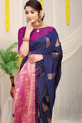 Navy blue silk blend saree with rich zari paisley weaving & magenta pink contrast border 3