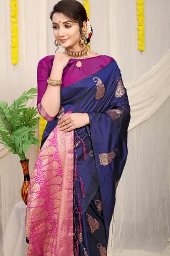 Navy blue silk blend saree with rich zari paisley weaving & magenta pink contrast border