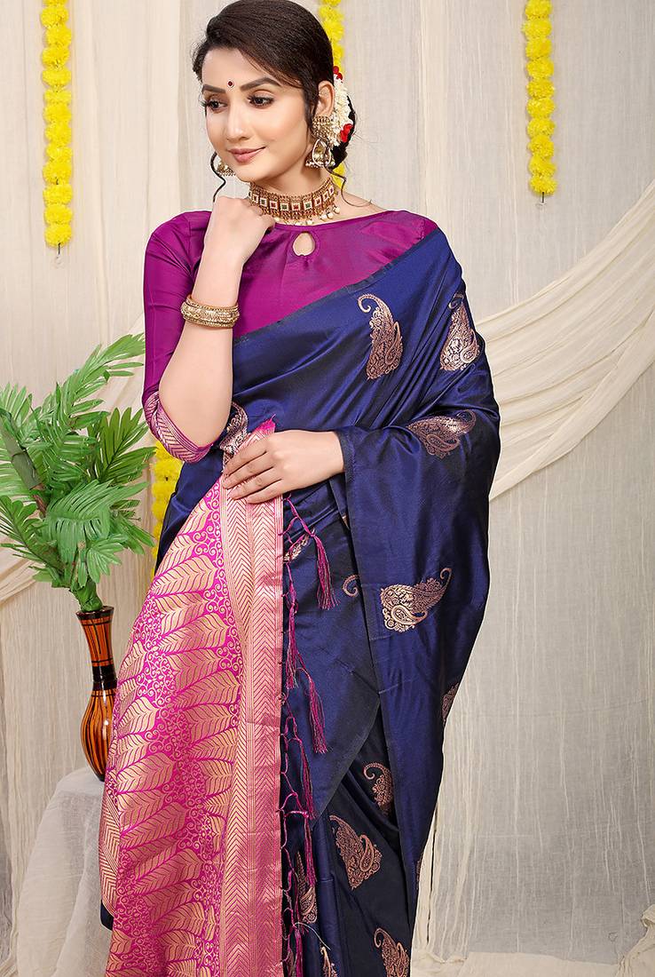 Navy blue silk blend saree with rich zari paisley weaving & magenta pink contrast border