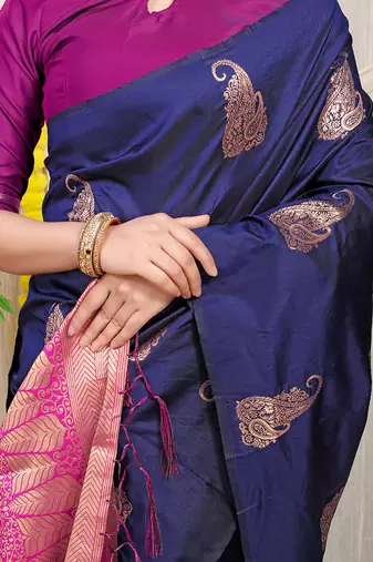 Navy blue silk blend saree with rich zari paisley weaving & magenta pink contrast border