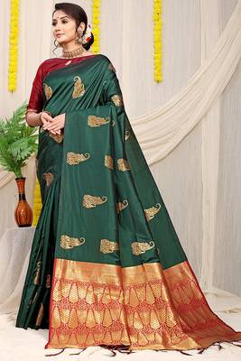 Bottle green silk blend saree with rich zari paisley weaving & maroon contrast border 1
