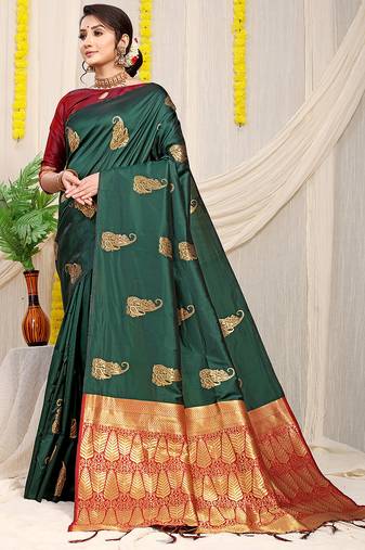 Bottle green silk blend saree with rich zari paisley weaving & maroon contrast border