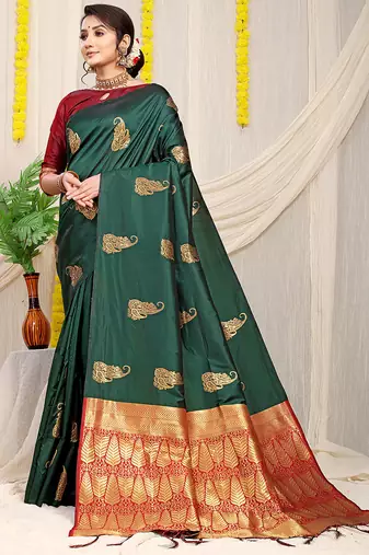 Bottle green silk blend saree with rich zari paisley weaving & maroon contrast border