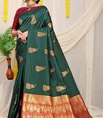 Bottle green silk blend saree with rich zari paisley weaving & maroon contrast border
