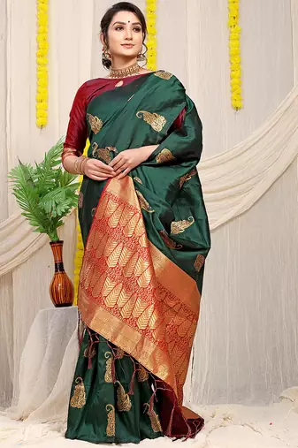 Bottle green silk blend saree with rich zari paisley weaving & maroon contrast border