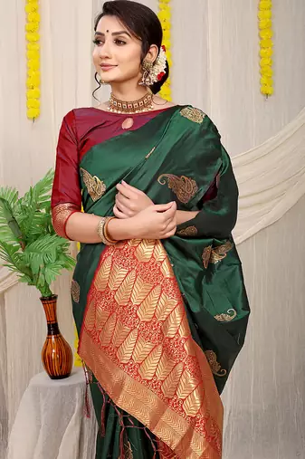 Bottle green silk blend saree with rich zari paisley weaving & maroon contrast border