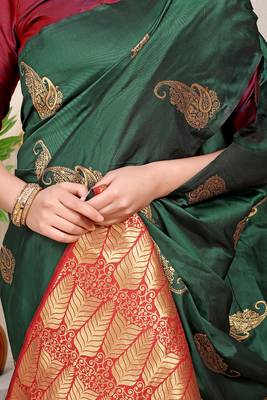 Bottle green silk blend saree with rich zari paisley weaving & maroon contrast border 4