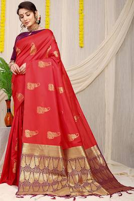 Red silk blend saree with rich zari paisley weaving & purple contrast border 1