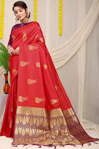 Red silk blend saree with rich zari paisley weaving & purple contrast border