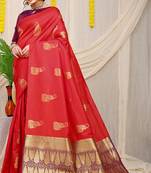Red silk blend saree with rich zari paisley weaving & purple contrast border