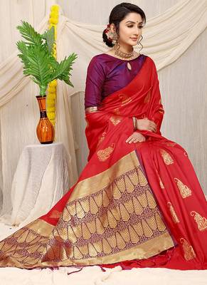 Red silk blend saree with rich zari paisley weaving & purple contrast border 2