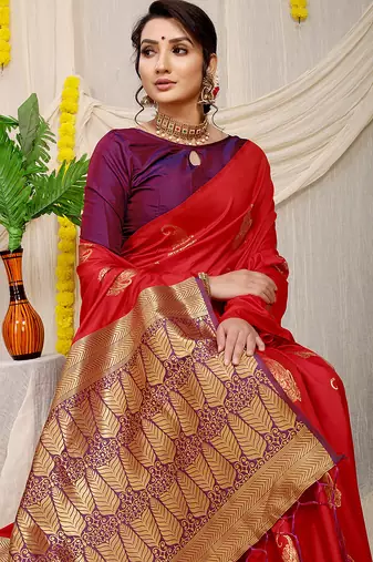 Red silk blend saree with rich zari paisley weaving & purple contrast border