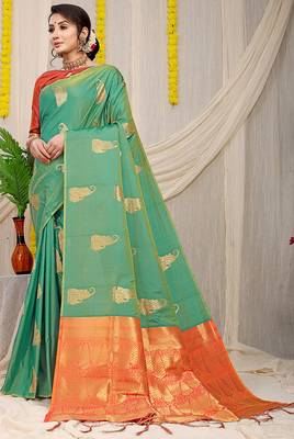 Sea green silk blend saree with rich zari paisley weaving & orange contrast border 1