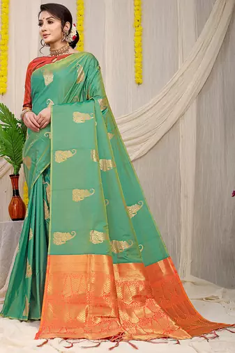 Sea green silk blend saree with rich zari paisley weaving & orange contrast border
