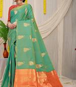 Sea green silk blend saree with rich zari paisley weaving & orange contrast border