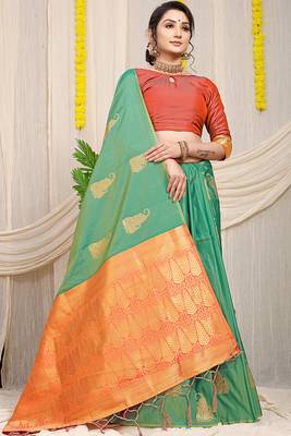 Sea green silk blend saree with rich zari paisley weaving & orange contrast border 2