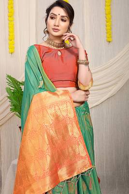 Sea green silk blend saree with rich zari paisley weaving & orange contrast border 3